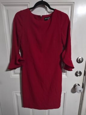 Karl Lagerfeld Paris Red Sheath Dress Knee Length 3/4 Flare Sleeve Ruffle 2